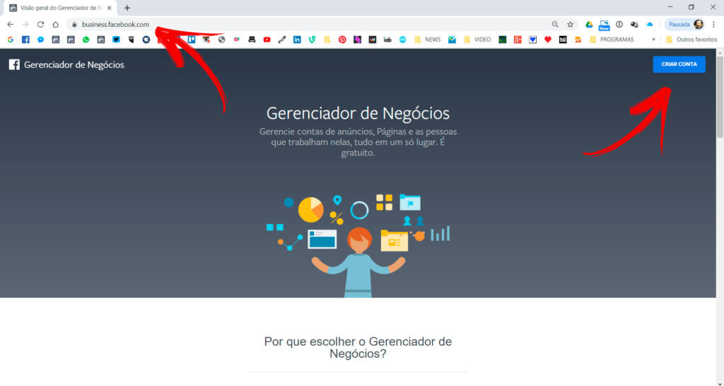 Como criar uma conta no Gerenciador de negócios do facebook?